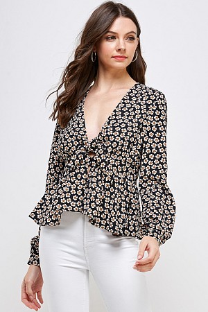 FLOWER PRINT RUFFLE PEPLUM TOP